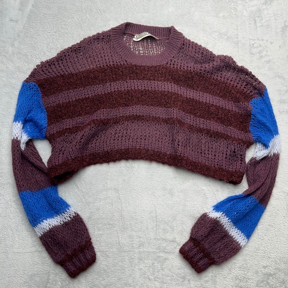 Kimchi Blue Sweaters - Kimchi Blue Striped Cropped Crochet Knit Sweater Burgundy Blue White Women S